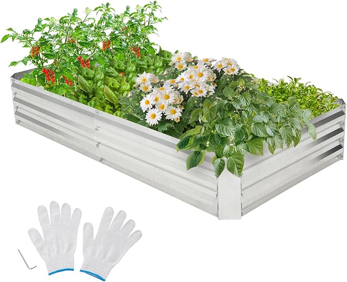 Giantex Galvanized Raised Garden Bed 6x3x1ft Large Metal Planter Box with Gloves Outdoor Bottomless Planter Raised Bed Kit for Vegetables Flowers Herbs Fruits Silver