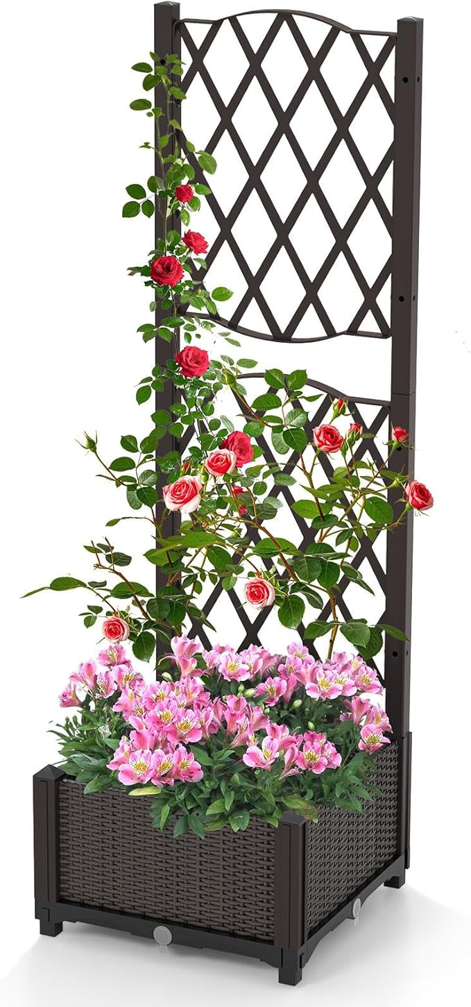 LDAILY Moccha Raised Garden Bed with Trellis - Planter with Trellis Self-Watering Device Drainage Hole Standing Garden Bed for Climbing Plant Vegetable Herb Flower (16”L x 16”W x 48”H)