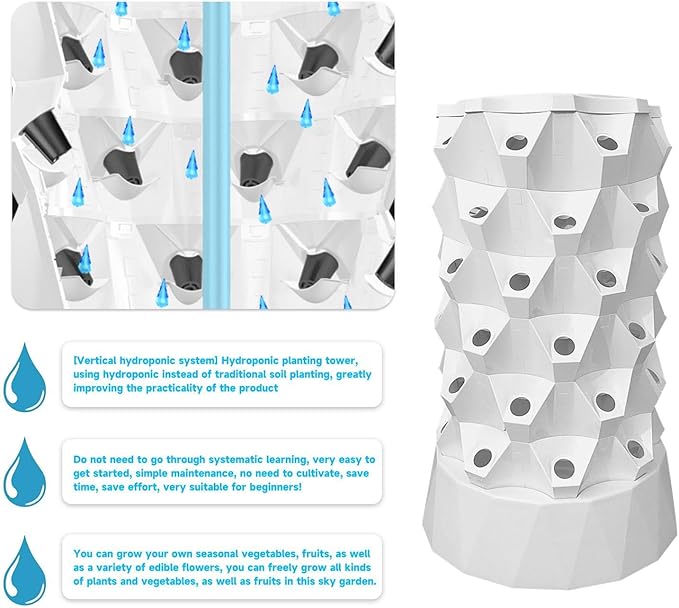 6 Tier 48 Slots Aeroponic TowerPlant Tower Outdoor HydroponicHydroponics Tower with Hydrating PumpTimerAdapterSpongeHydroponic Grow Towers for VegetablesSpace-Saving Design Vertical Planter