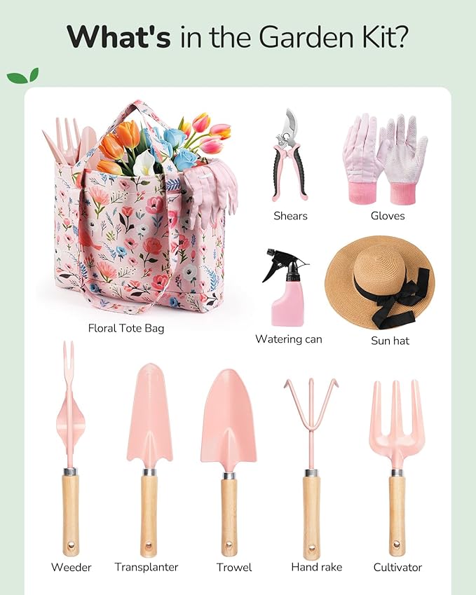 Gardening Tools 10-Piece Gardening Gift Set for Women Rust-Proof &amp Heavy-Duty Tools with Floral Organizer Bag Fashionable &amp Thoughtful Gift for Garden Women (Pink Red)