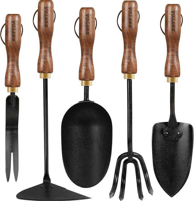Garden Tool Set 5PCS Gardening Tools Stainless Steel Heavy Duty Hand Cultivator Hoes Shovel Trowel and Weeder with Ergonomic Walnut Handle Gardening Gifts for Women