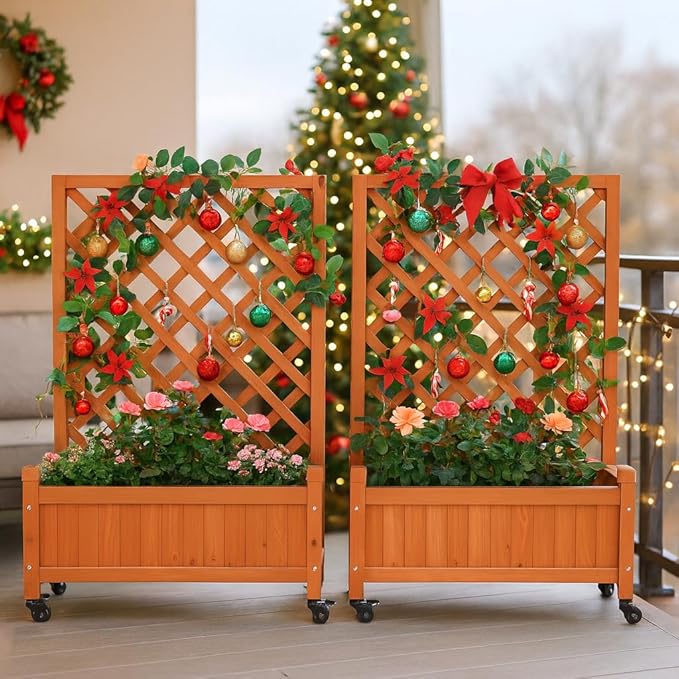 2 Pcs Wooden Planter Boxes with Trellis: Four Universal Wheels for Easy Mobility 37.6 H x 27.5 W x 13 DPerfect for Outdoor Climbing Plants on Patios Balconies &amp Gardens