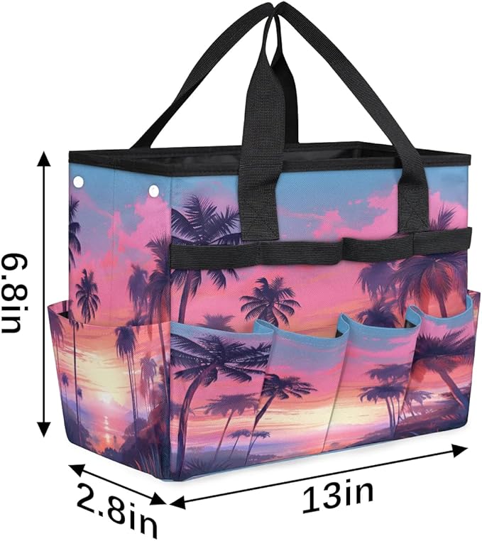 Coconut Tree Evening Sunset Garden Tool Bag Waterproof Garden Tool Storage Bag Heavy Duty Oxford Gardening Tool Bag with Handle &amp 10 Pockets for Men Women Outdoor Garden Lawn Yard