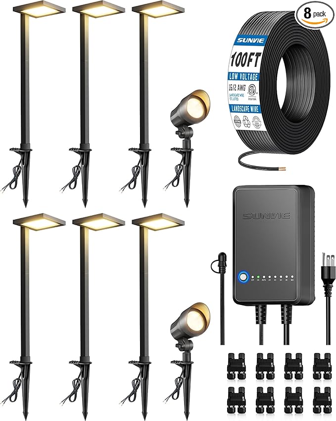 SUNVIE All-in-ONE Landscape Lighting Kit 6-Pack Anti-glare LED Pathway Lights 2-Pack Spotlights 60W Transformer 100FT 16/2 AWG Wire and Connectors Outdoor Landscape Lighting for Walkway Garden Yard