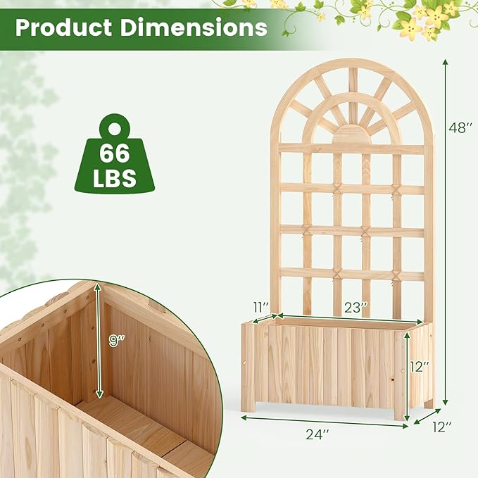 BECOMFORT 48”H Raised Garden Bed with Arched Trellis Fir Wood Planter Box with Privacy Screen &amp Drainage Holes for Balcony Yard Elevated Outdoor Flower Box for Climbing Plants Vegetables &amp