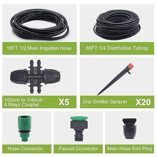82FT Drip Irrigation System Automatic Micro Drip Kit with 1/2 and 1/4 inch Irrigation Tubing Hose Adjustable Nozzle Sparkle Garden Watering System for Flower Potted Plants Vegetable Greenhouse