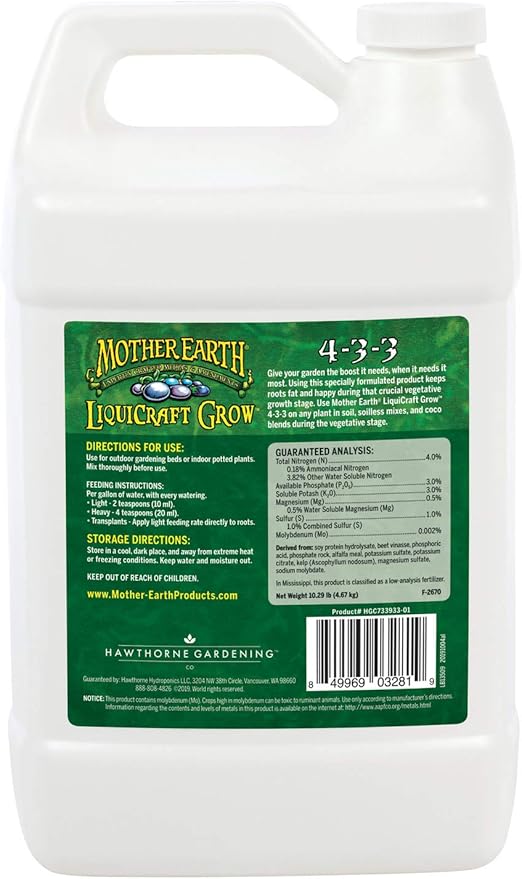 Mother Earth LiquiCraft Grow 4-3-3 Liquid Plant Fertilizer For Vegetative Plants Flowers And Tomatoes Gallon