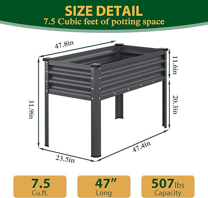 MUPATER Galvanized Steel Raised Garden Bed with Legs 48 L x 24 W x 32 H Large Metal Elevated Raised Planter Box with Detachable Black Liner for Backyard Garden Balcony Gray