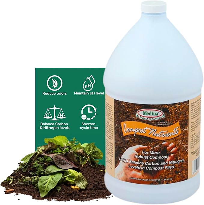 Medina Compost Nutrients - Compost Activator &amp Accelerator for Soil Improvement with Composting Cultures Balances Elements Maintains pH – Ideal for Garden Compost. 1 Quart Treats up to 250 lbs.