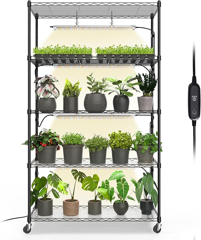 Bstrip Plant Shelf with Grow Light with Timer Metal Plant Stand with Adjustable Rack and Wheels 4 Pack 24W Full Spectrum Grow Light Strip for Indoor Plants Seed Starting 35.4x13.8x59