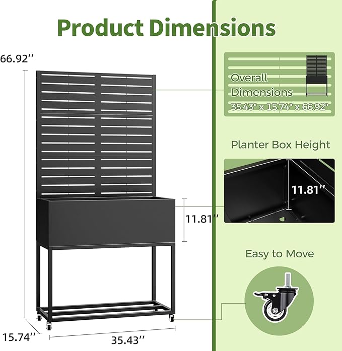 Metal Planter Box with Trellis67 H x35 W Raised Garden Beds with Privacy Screen for Climbing Plants Flower Elevated Standing Planter Garden Bed with Drainage Holes for Outdoor PatioBlack