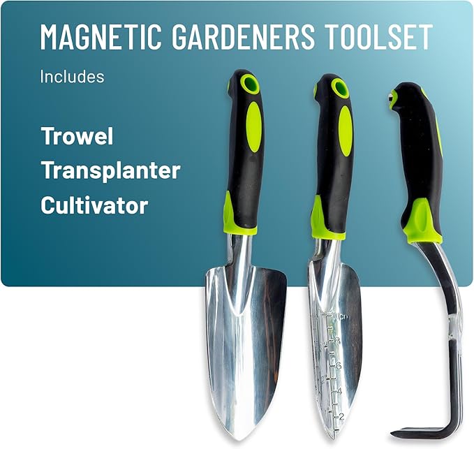 Magnetic Garden Tool Set – 3-Piece Stainless Steel Gardening Tools with Built-in Magnets Rust-Proof &amp Weather-Resistant Hand Tools for Digging Weeding &amp Transplanting