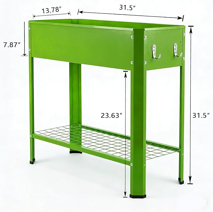 Raised Garden Bed with Legs 32×14×32 in Metal Elevated Raised Planter Box with Storage Rack &amp Drainage Holes for Backyard Patio Balcony 200 lb Capacity - Green