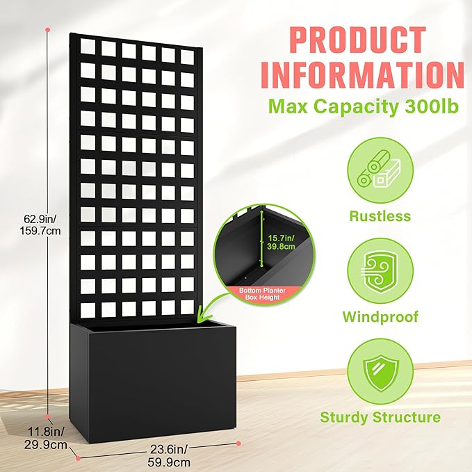 Metal Planter Box with Trellis Raised Garder Bed with Drainage Hole Privacy Screen &amp Trellis for Climbing Plants Outdoor Plant Stands 24''L×12''W×63''H Black