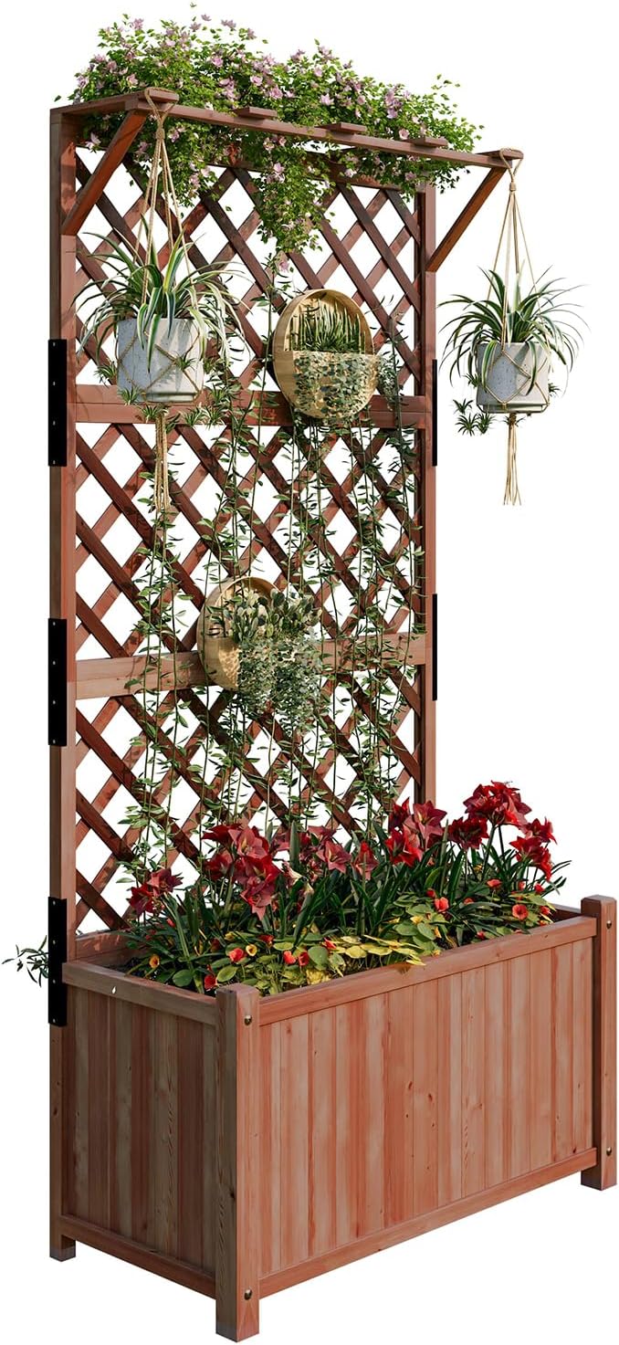 SPECRAFT Wood Planter with Trellis 35.4x17.7x72 Inch Raised Garden Bed 1.6Ft Deep Large Planter Box for Outdoor Gardening Vegetables and Climbing Plants