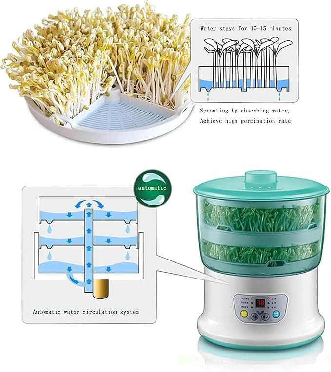 Household Automatic Bean Sprouts Maker 2 Layers Electric Bean Sprout Machine 1.8L Large Water Tank Microcomputer Control Utomatic Water Cycle for Radi