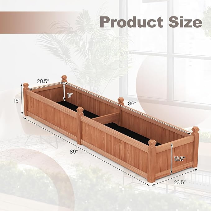 Giantex Wood Raised Garden Bed Planting Bed with Corner Drainage Non-Woven Liner for Growing Vegetables Flowers Herbs Fruits 89”x23.5”x16” Divisible Planter Box for Backyard Garden Lawn