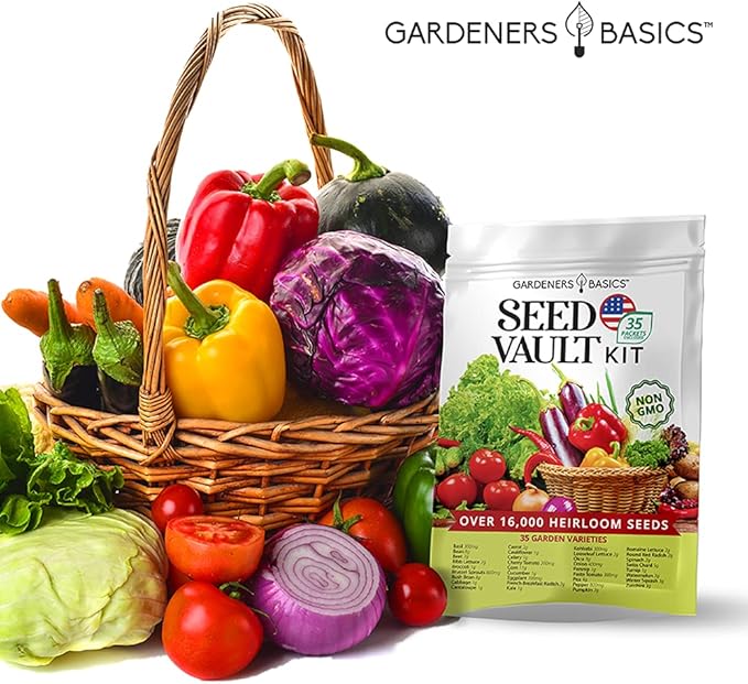 Gardeners Basics Survival Vegetable Seeds Garden Kit Over 16000 Seeds Non-GMO and Heirloom Great for Emergency Bugout Survival Gear 35 Varieties Seeds for Planting Vegetables 35 Free Plant Markers