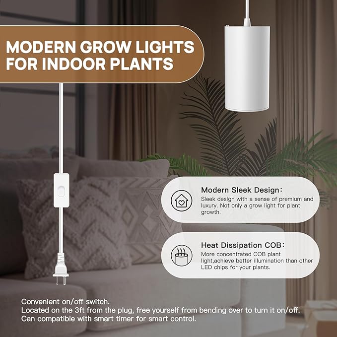STERREN LED Grow Light White Plug in Hanging Lights for Indoor Plants Full Spectrum Grow Lights with On/Off Switch Decorative Pendant Lights with 21 Ft Height Adjustable Power Cord