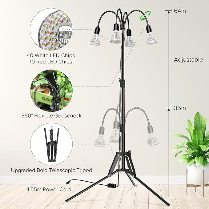 SANSI Upgraded 120W Grow Light with Adjustable Tripod Stand 5000K 660nm Full Spectrum 900W Equiv. LED Floor Plant Light for Indoor Plants Grow Lamp with Replaceable Bulbs for High PPFD Growing