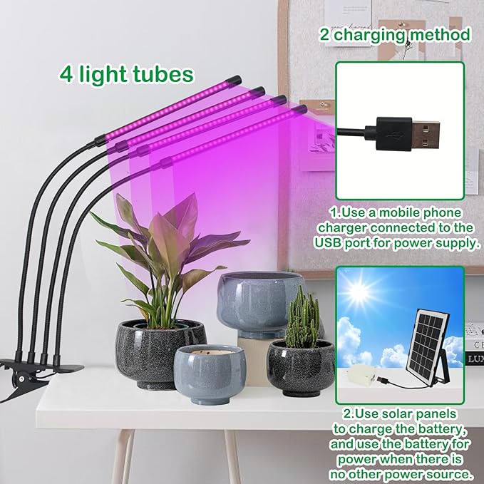 LED Grow Lights for Plants with 3/9/12H Timer Solar Plant Grow Light Battery Powered UV Grow Lights for Indoor Plants Adjustable Gooseneck Suitable for Vegetation Run Day/Night