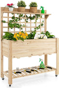 Giantex Rolling Raised Garden Bed with Trellis Wood Planter Box on Wheels Black Liner Storage Shelf Garden Trellis for Vine Climbing Flower Vegetable Herb or Hanging Tools 41.5x16x 54