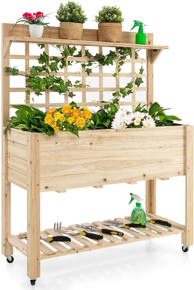 Giantex Rolling Raised Garden Bed with Trellis Wood Planter Box on Wheels Black Liner Storage Shelf Garden Trellis for Vine Climbing Flower Vegetable Herb or Hanging Tools 41.5x16x 54