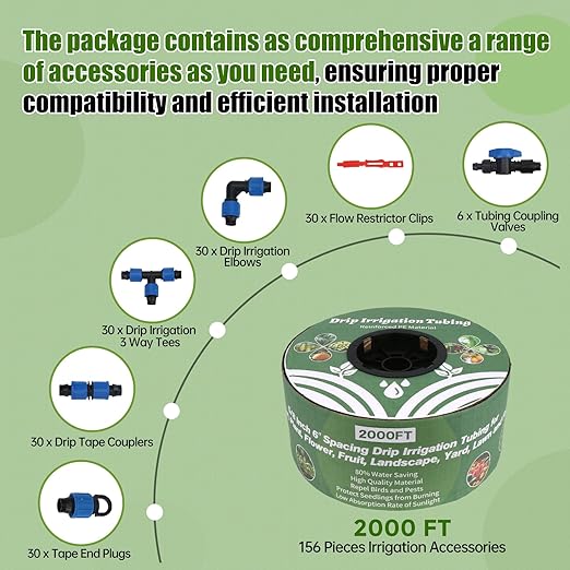 2000FT 5/8 Drip Tape Irrigation Kit 16 Mil Heavy Duty with 6 Emitter Spacing Silver Reflective Drip Tape Helps Prevent Pecking &amp Biting Damage Heat-Safe for Seedlings Reinforced PE Material