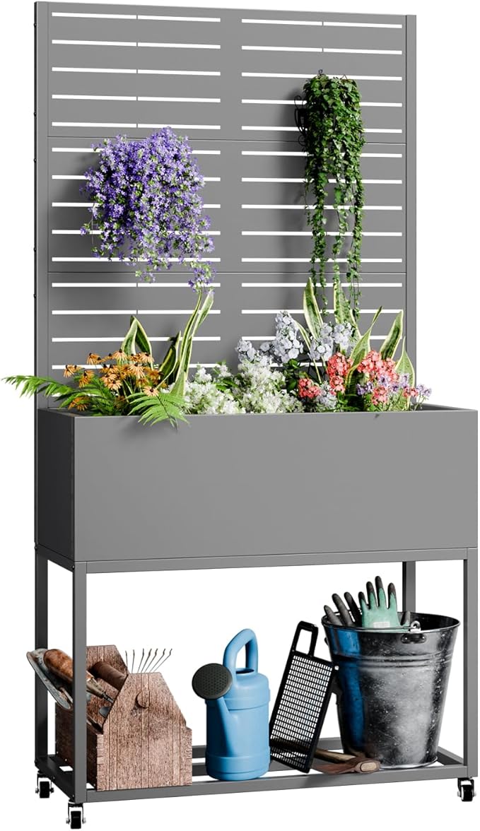 Metal Planter Box Multi-Functional &amp Easy to Assemble 67 H x 35 W Raised Garden Bed for Climbing Plants Elevated Standing Garden Planter with Drainage Holes for Outdoor Patio Grey