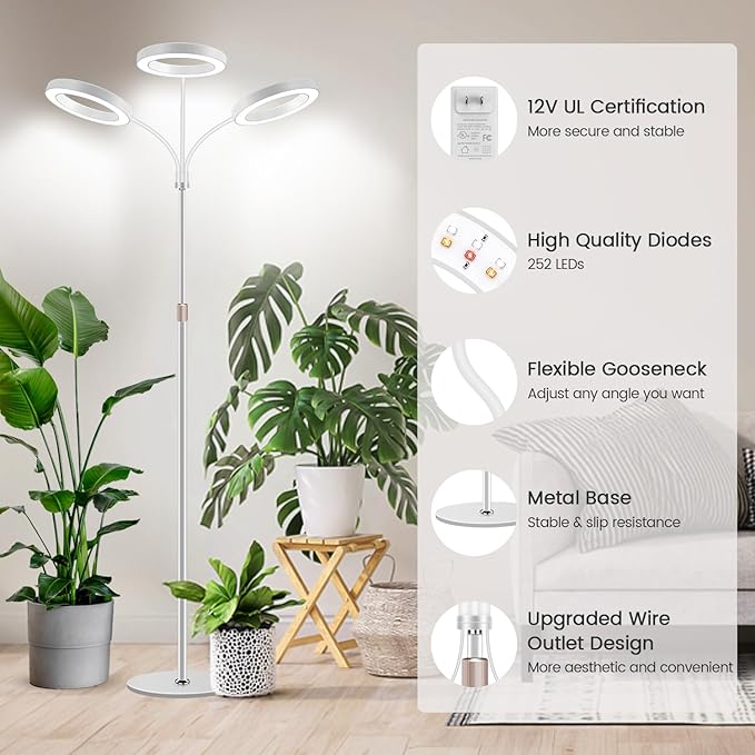 Garpsen Floor Plant Light Full Spectrum 252 LEDs Grow Light for Indoor Plants with Base 3 Color Modes &amp 5 Dimmable Timer 6/12/16H Grow Lamp with 67''Height Adjustable 3-Head-White