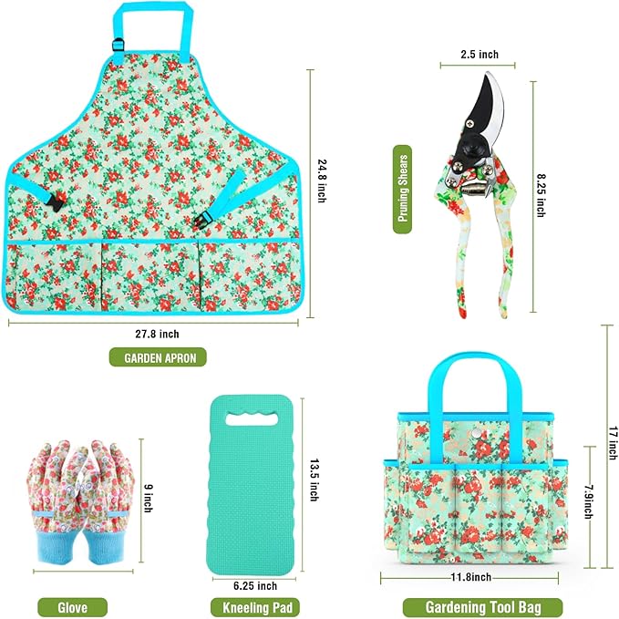 Garden Tools Set JUMPHIGH 10 PCS Heavy Duty Gardening Tools Includes Hand Trowel Rake Weeder Pruner Gardening Gifts for Women Garden Kit with Tote Bag Apron Gloves Kneeling Pad