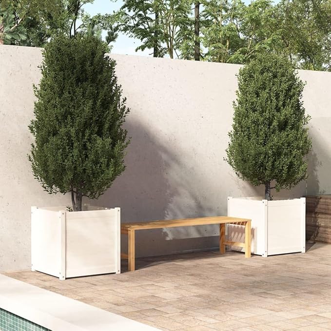 White Solid Pine Wood Garden Planter Set 23.6x23.6x23.6 Inch Outdoor Square Raised Garden Bed for Flowers Herbs Vegetables Weather Resistant Finish