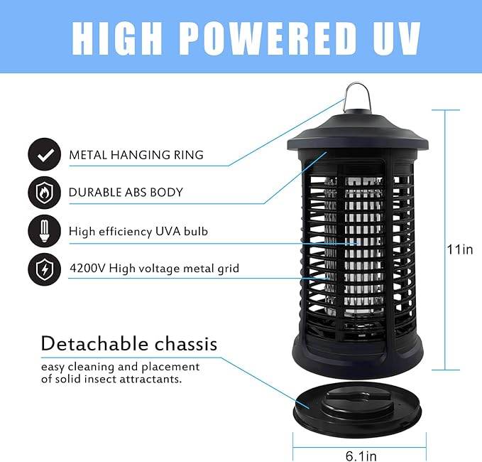 Electric Bug Zapper Indoor/Outdoor 4200V High Powered Mosquito Zappers Killer Waterproof Insect Fly Swatter Zapper Mosquito Trap Outdoor Fly Traps Insect Killer for HomeGardenBackyard Camping