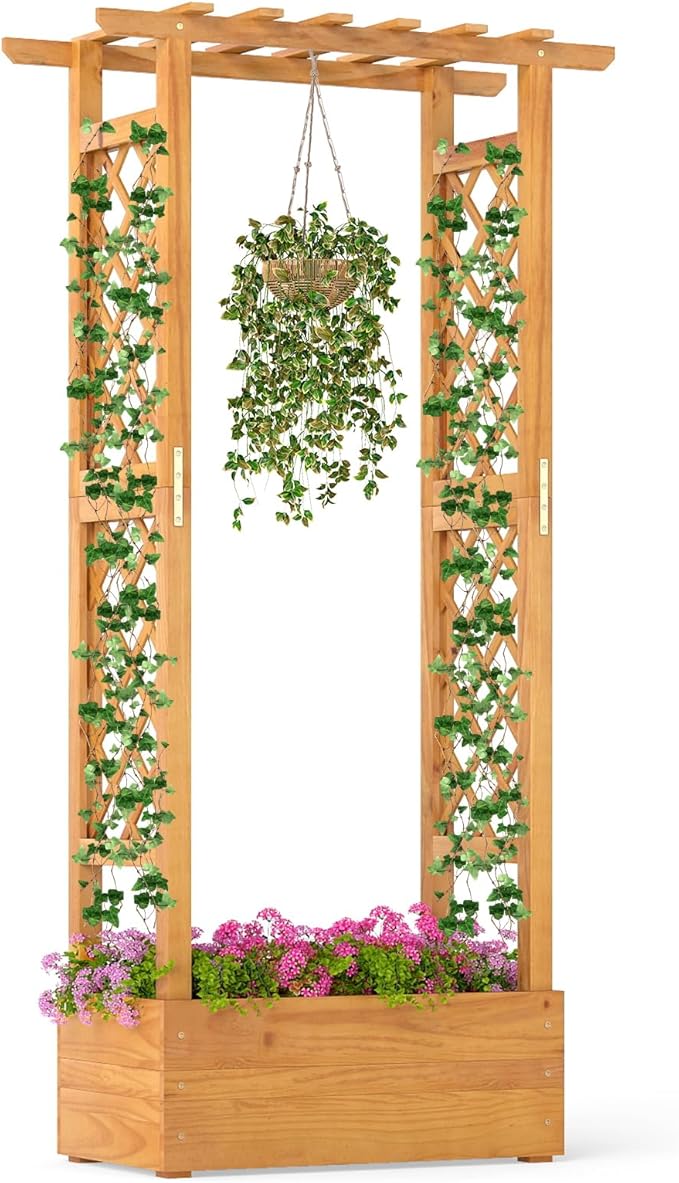 S AFSTAR Wooden Raised Garden Bed with Trellis 60 Elevated Planter Box with Hanging Roof &amp Open-Ended Base for Climbing Vine Flower Herb Vegetable Outdoor Plant Container for Patio &amp Yard