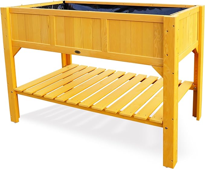 HABAU Wooden Raised Garden Bed with Legs Outdoor Elevated Planter Box 46x22x35-inch w/Liner &amp Storage Shelf
