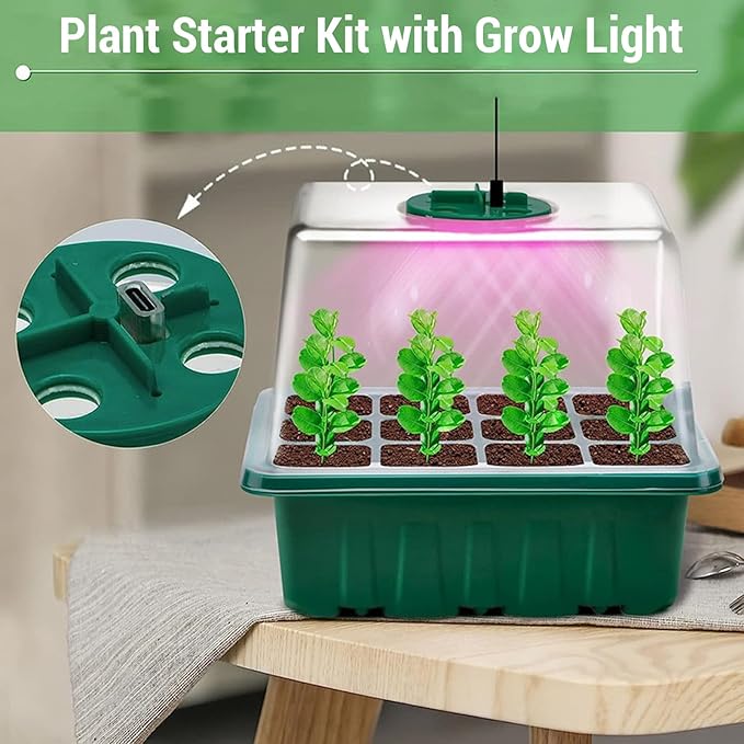 Plant Starter Kit with Full Grow Light 5 Brightness Levels USB Powered - Adjustable Humidity Drainage Control Ideal for Indoor Gardening and Greenhouses