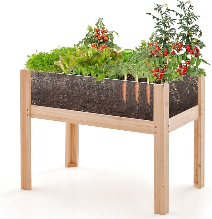HAPPYGRILL Raised Garden Bed with Legs 24” Elevated Planter Box with 2 Acrylic Panel Sides Drain Holes Movable Beds Plant Terrarium w/Stand Planter Raised Beds for Vegetables Fruits Herbs