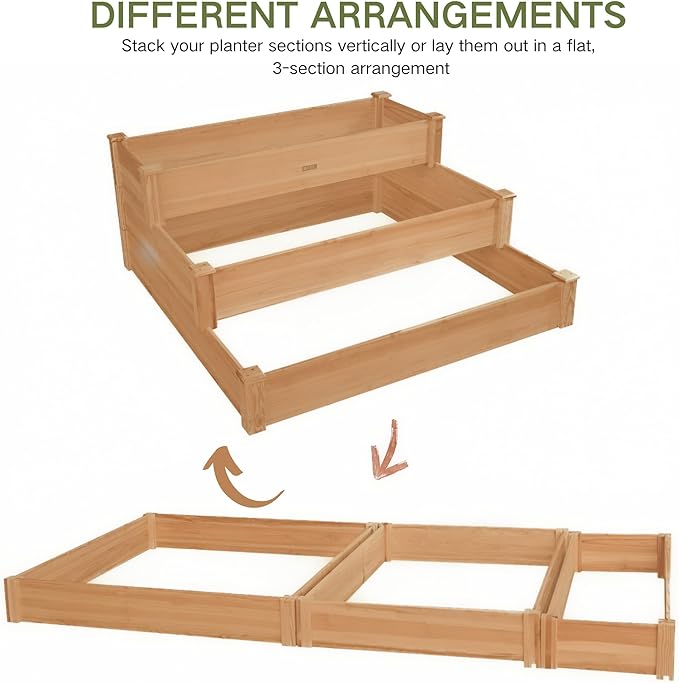 3-Tier Raised Garden Bed with Fabric Liner Wood Elevated Planter Box with Dovetail Joint Design 3 Dividable Bed Kit for Vegetables/Herbs/Flowers Outdoor Gardening for Patio Lawn Balcony
