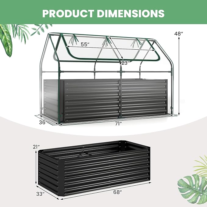 HAPPYGRILL Raised Garden Bed with Cover Planter Boxes Outdoor w/Mini Greenhouse 2 Roll-up Windows &amp Open-Ended Base Metal Growing Raised Bed for Vegetables (Black 71” x 36” x 48”)