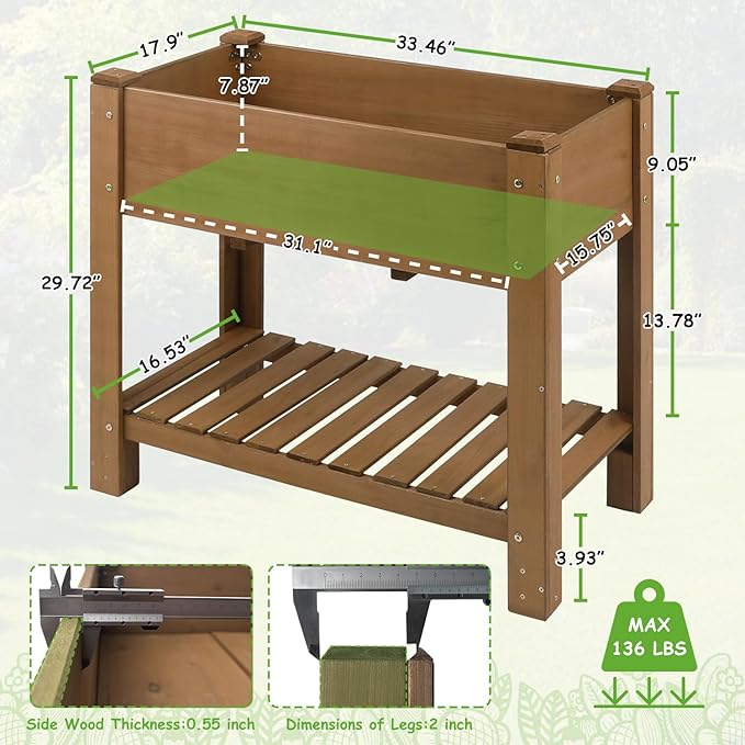 PetsCosset Raised Garden Bed Wooden Elevated Planter Box with Legs Protective Liner Reinforced for Vegetables Herbs Flowers for Outdoor Patio Backyard Balcony Gardening (33.46 X 17.9 X 29.72 inches)