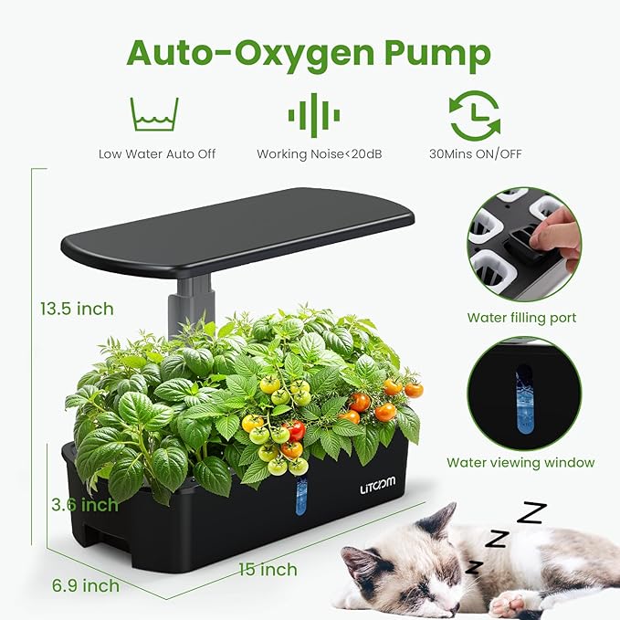 litokam 12-Pod Hydroponics Growing System Kit with LED Grow Light 24W 3.49L Indoor Herb Garden Planter with Quiet Water Pump 24H Timer 2 Grow Modes Hydroponics Garden for Home Kitchen Office Gifts