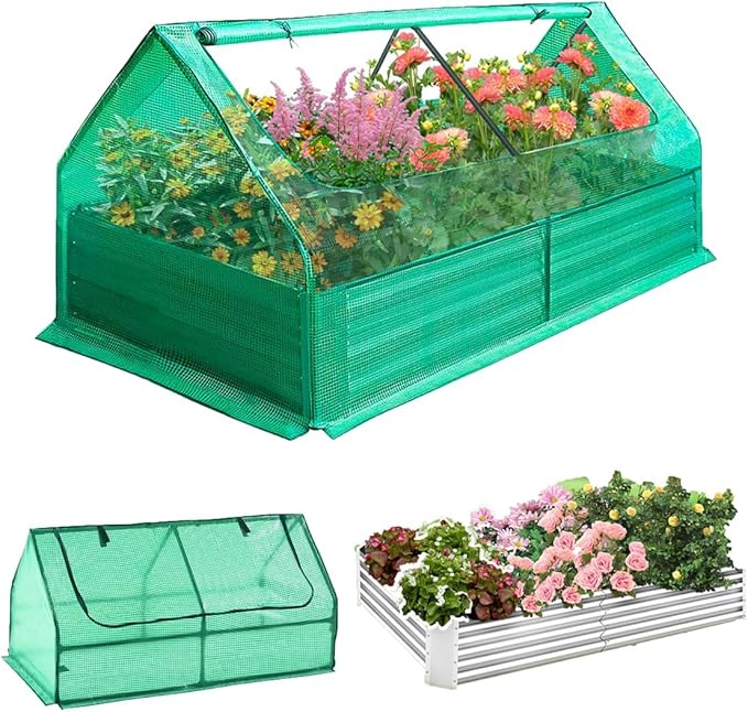 3-1 Galvanized Raised Garden Bed 73 x 37.4 x 36 inch Greenhouse Cover Outdoor Garden Yard Greenhouse Tent with Zipper Doors Garden Bed Planter Kit Box for Growing Flowers Fruits Vegetables