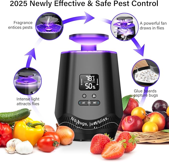 Fruit Fly Traps for Indoors Smart Fly Trap Indoor Bug Zapper Gnat Traps for House Indoor with Temperature and Humidity Sensor 10PCS Sticky Boards Black 02
