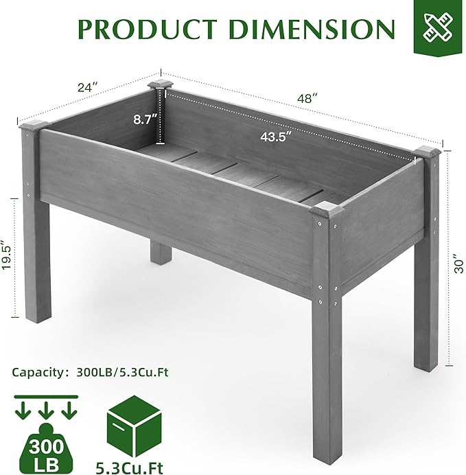 Raised Garden Bed with Legs 48x24x30'' Outdoor Wood Elevated Planter Box Thick Legs w/Liner