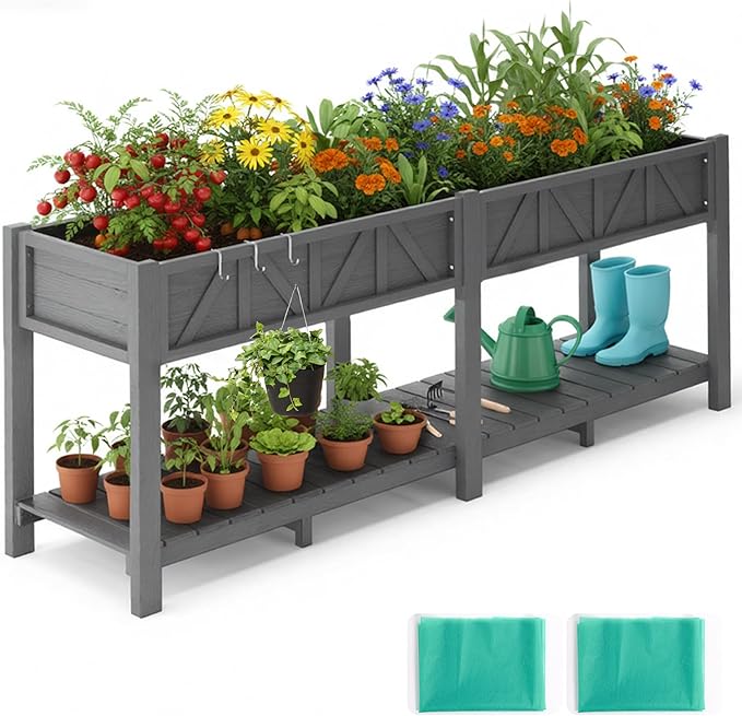 HIPS Elevated Raised Garden Bed with Legs72L x 17.3W x 28.7H Large Outdoor Planter Box with Storage RackAll-Weather Raised Bed Planters with 6 Hooks &amp 2 Non-Woven Liner for Vegetables Flower
