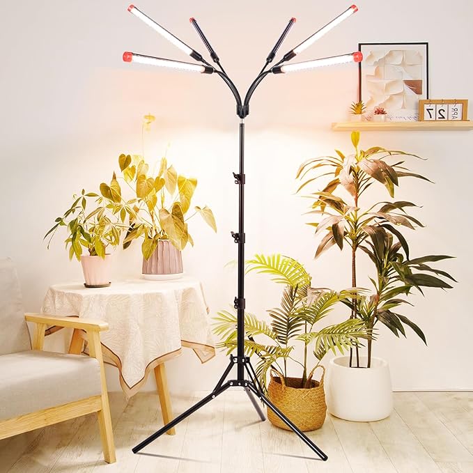 6Head Grow Light with Stand for Tall and Large Indoor Plants Bonsai Tree Big Coverage and Bright Plant Growing Lamps 4/8/12/16/20H Timer 54 Watt Power Draw NO Need Adapter 360° Gooseneck