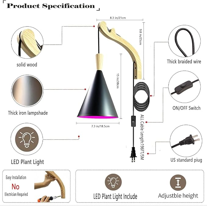 Wall Mount Grow Light Full Spectrum LED 15W Plant Light with 16.5ft Cord Wall-Mounted Indoor Plant Lamp for Mushrooms Flowers Herbs Seedlings Gardens