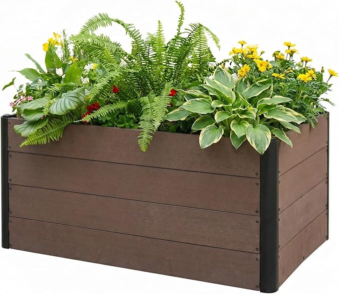 Wood Raised Garden Bed 48x25x29 in Tall Outdoor Planter Box with Bottom Deep Root Elevated Garden Bed for Vegetables Herbs Flowers All-Weather Composite Rectangle Planter for Patio Backyard