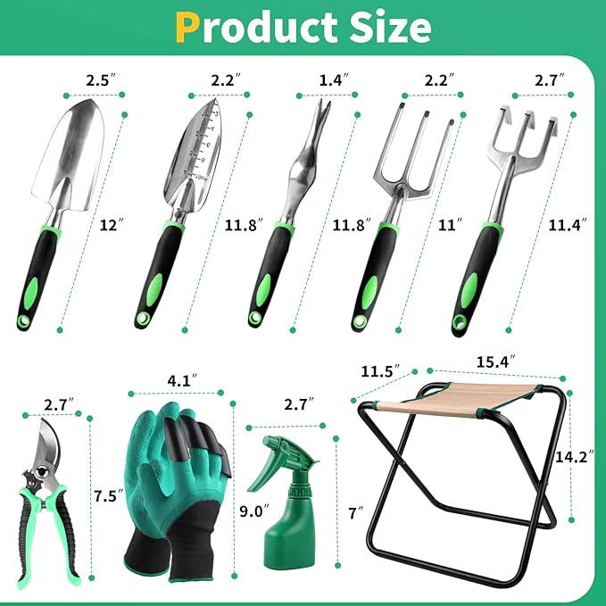 Kitness 9 PCS All-in-One Garden Tools Set Heavy-Duty Cast-Aluminum Gardening Kit with Folding Stool Seat and Detachable Canvas Tool Bag Durable Hand Tools Gift Set for Gardening Lovers