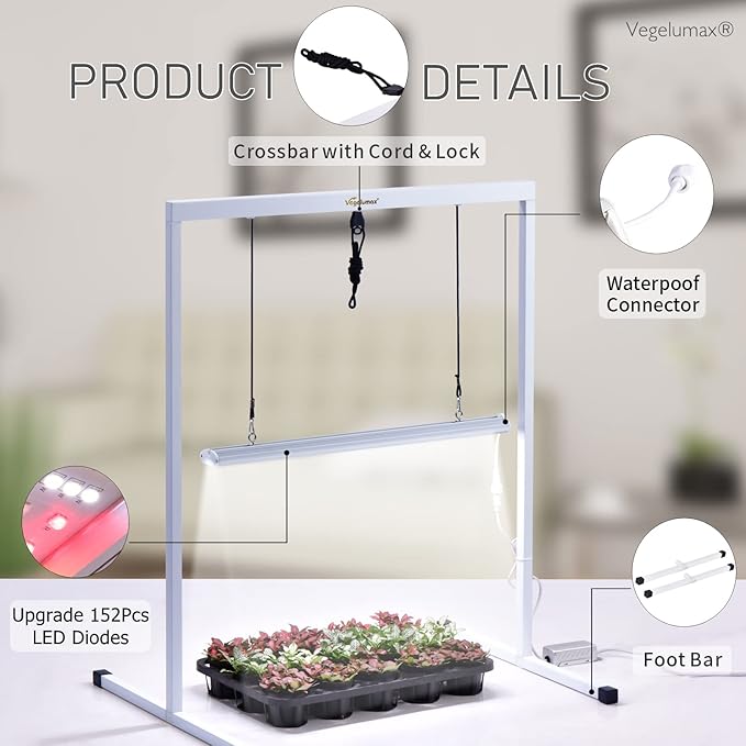50Watt 2 Feet LED Grow Light Lamp Stand Rack with White Light Full Spectrum CRI90+ for SeedlingSeed Starting Plant GrowingIron Pipe FrameAluminum Heat SinkCCT6500KLamp Height Adjustable